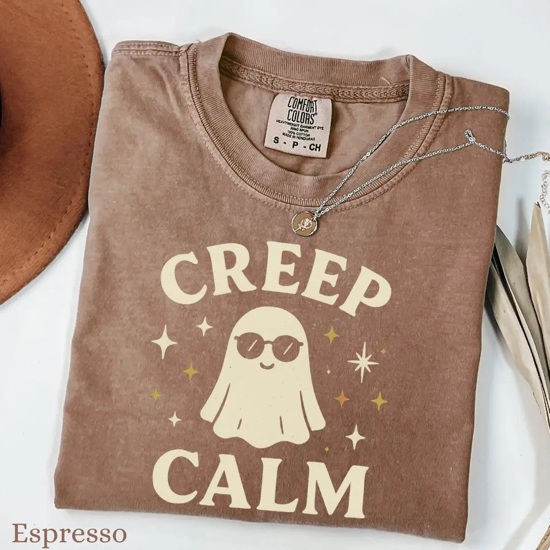 Creep Calm - Cool Ghost Halloween Comfort Colors T-Shirt alternate product view in Espresso.