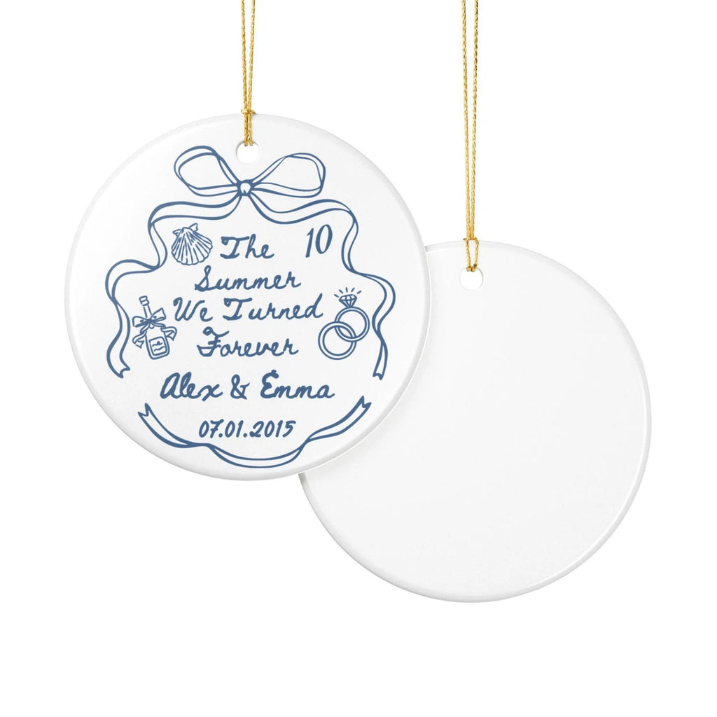 Front and back views of a Summer We Turned Married personalized ceramic ornament.