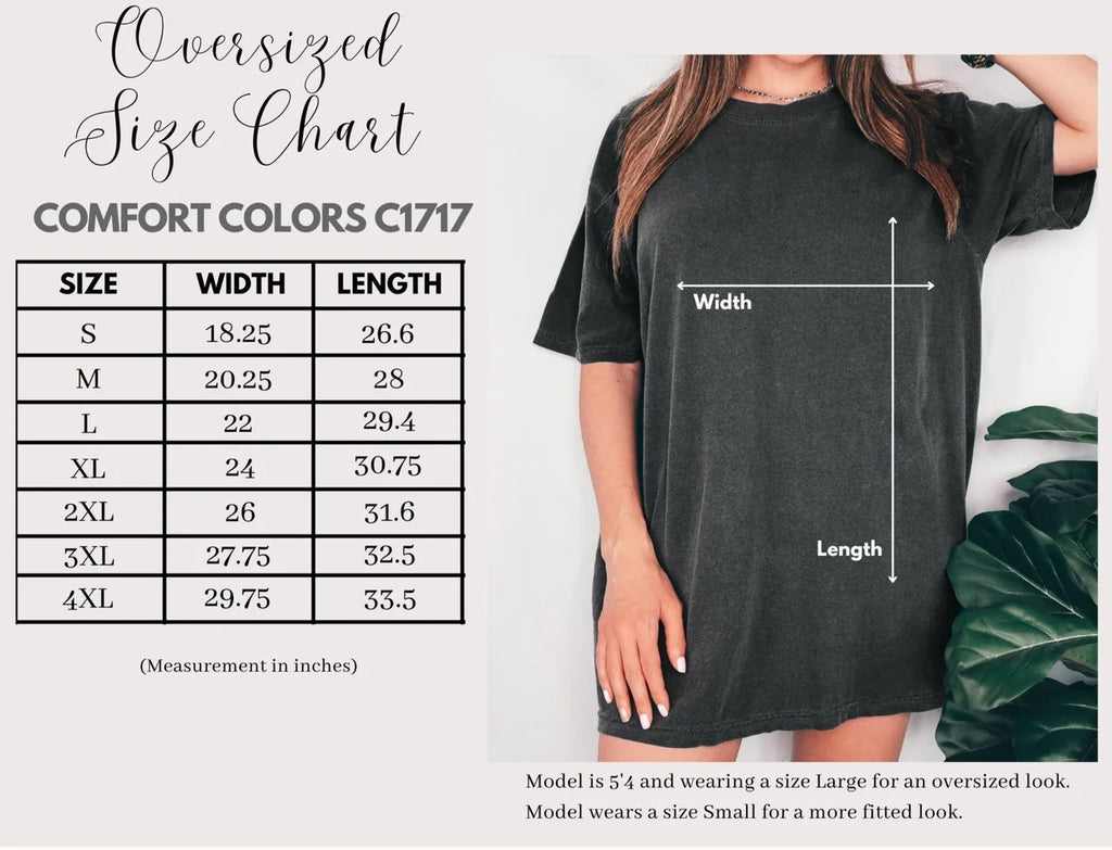 Comfort Colors 1717 T-shirt size chart showing the available adult garment measurements.