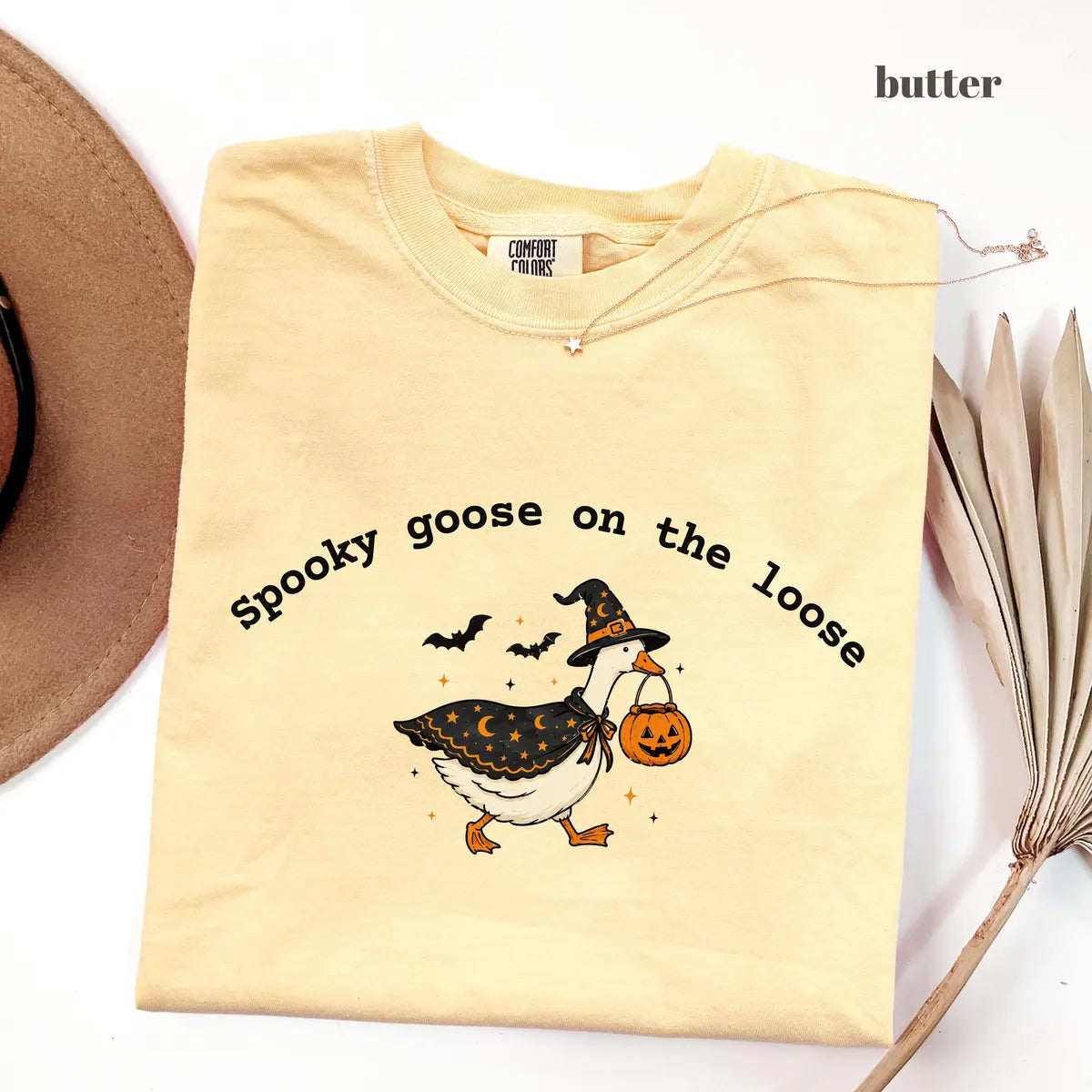 Butter Comfort Colors 1717 T-shirt with Spooky Goose On The Loose design worn by a model