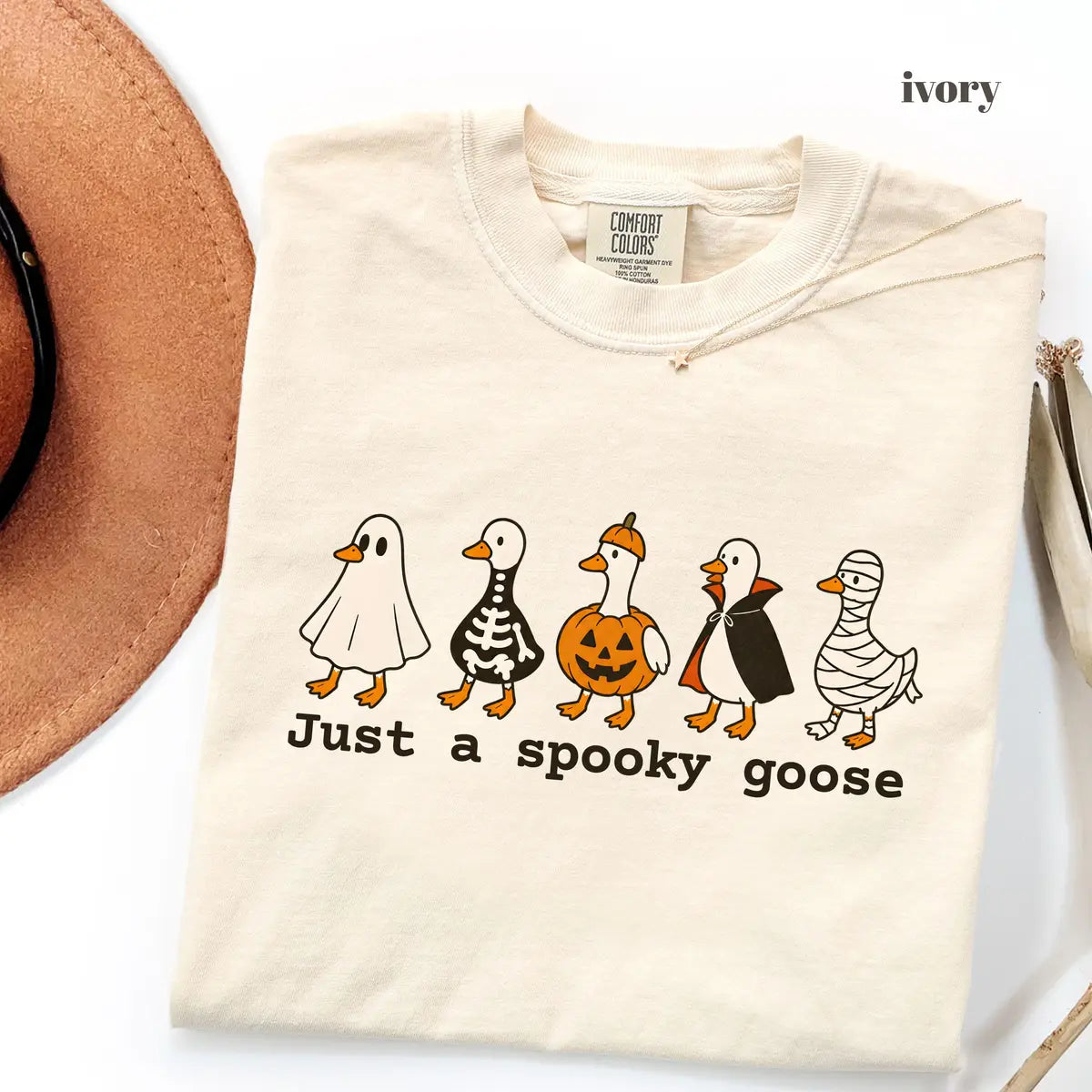Ivory Comfort Colors 1717 T-shirt with Just A Spooky Goose design