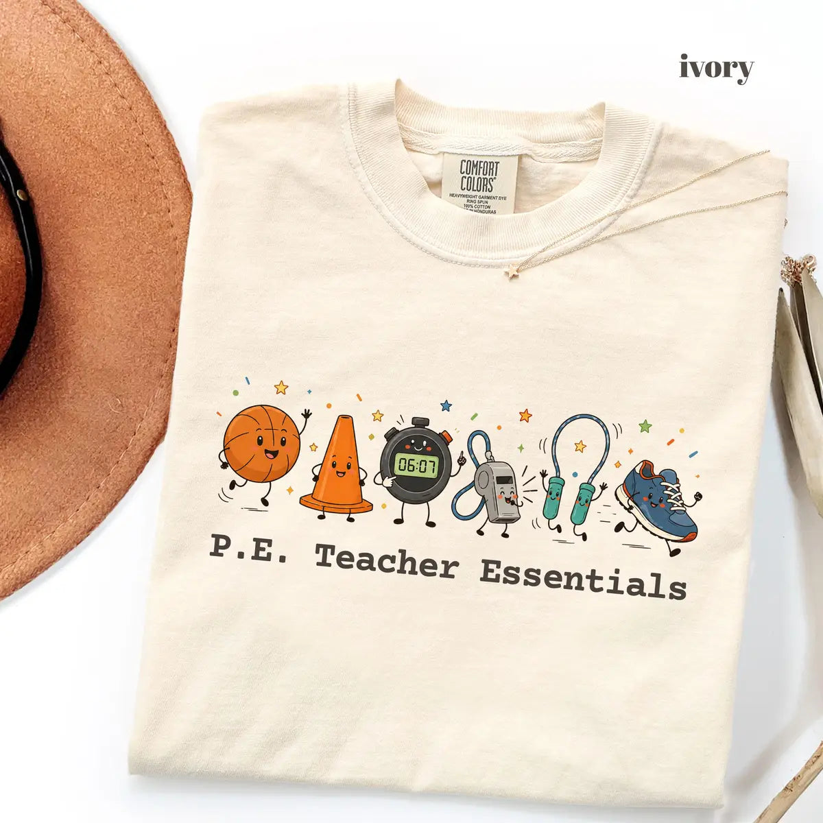 Ivory Comfort Colors 1717 T-shirt with P.E Teacher Essentials design