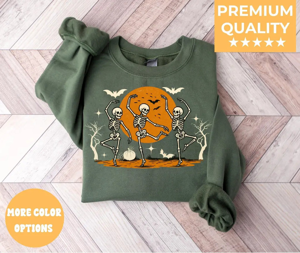 Military Green Crewneck sweatshirt with printed Dancing Skeleton Vintage Skull design, hero view.