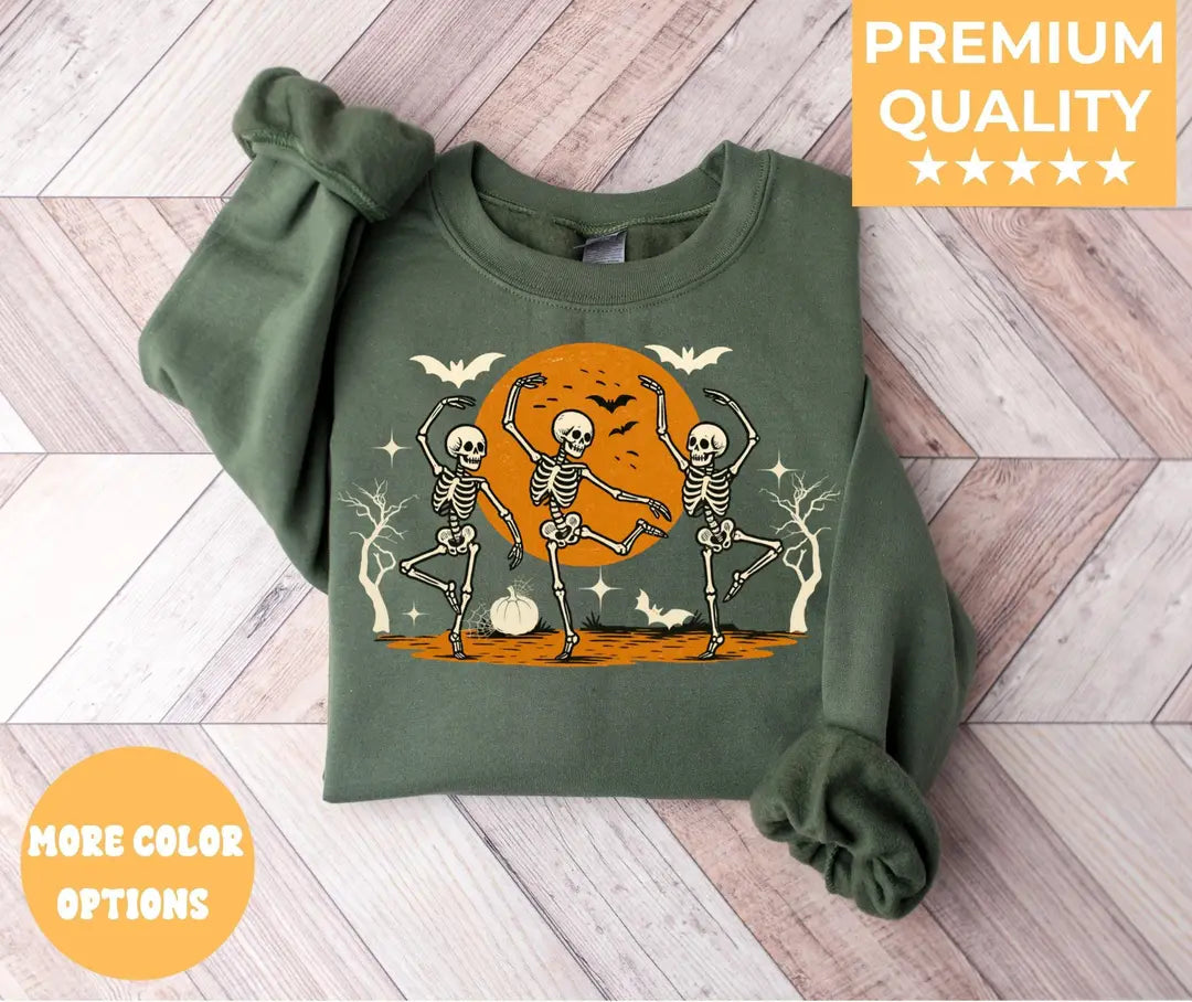 Military Green Crewneck sweatshirt with printed Dancing Skeleton Vintage Skull design, hero view.
