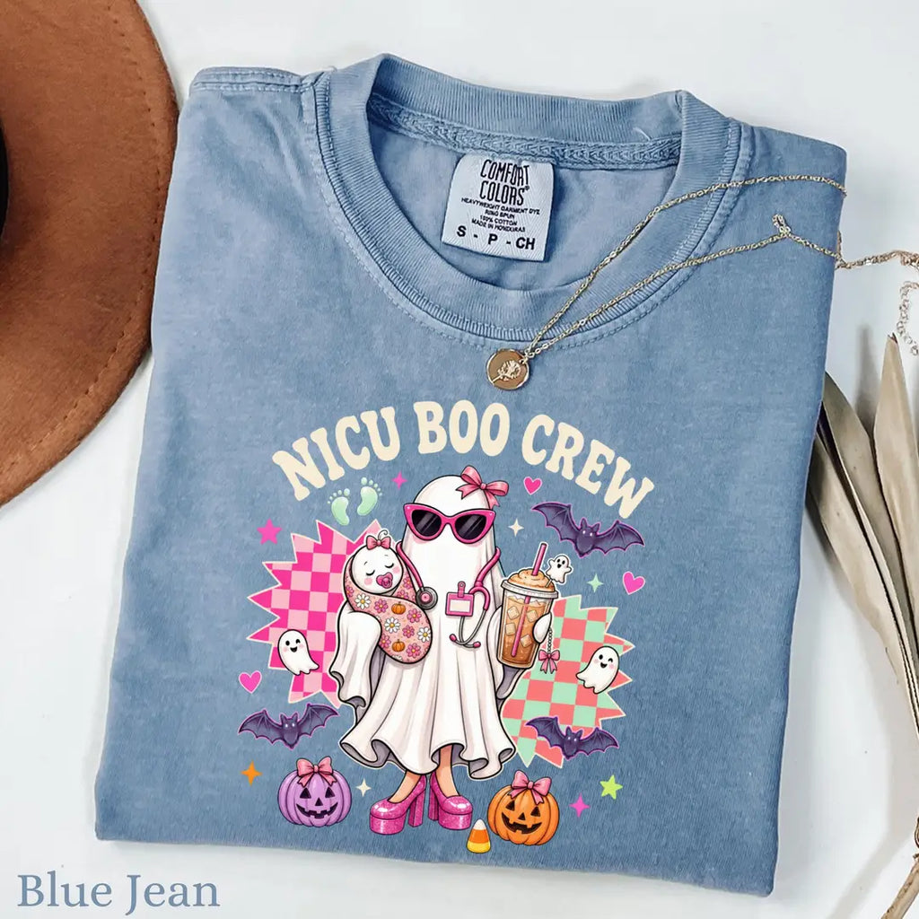 NICU Boo Crew Halloween Comfort Colors T-Shirt alternate product view in Blue Jean.