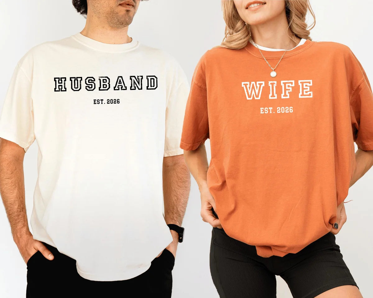 Comfort Colors 1717 T-shirt with Husband and Wife Est Year Matching design worn by a model view 2