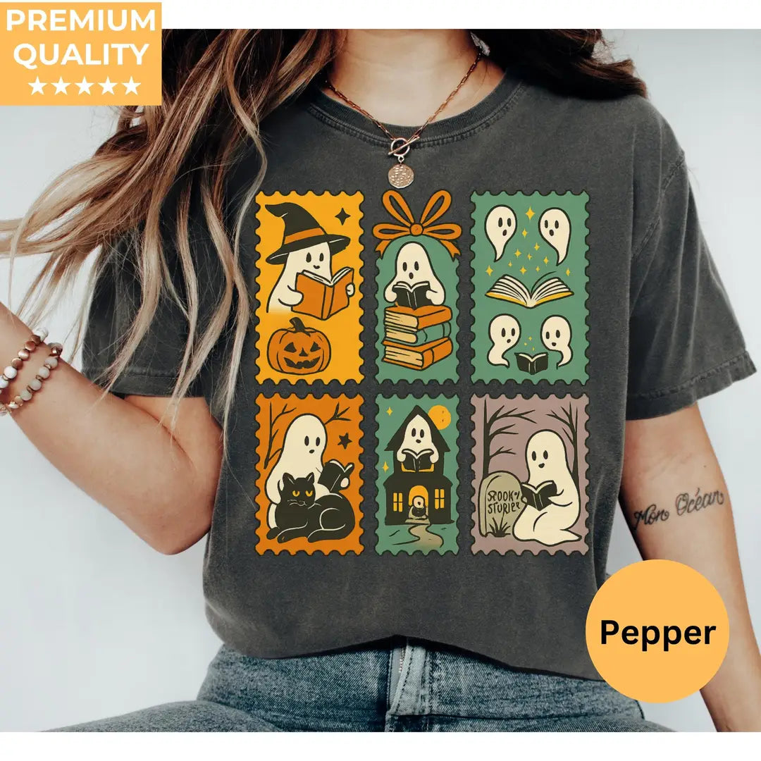 Halloween Ghost Book Club Patchwork - Bookish Comfort Colors T-Shirt hero view in Pepper.