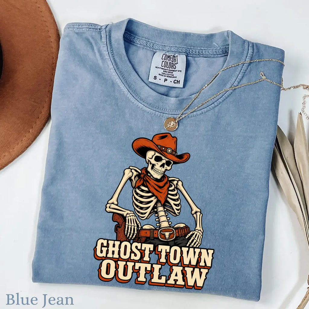He's My Trick She's My Treat Skeleton Couple Comfort Colors T-Shirt shown on a model.