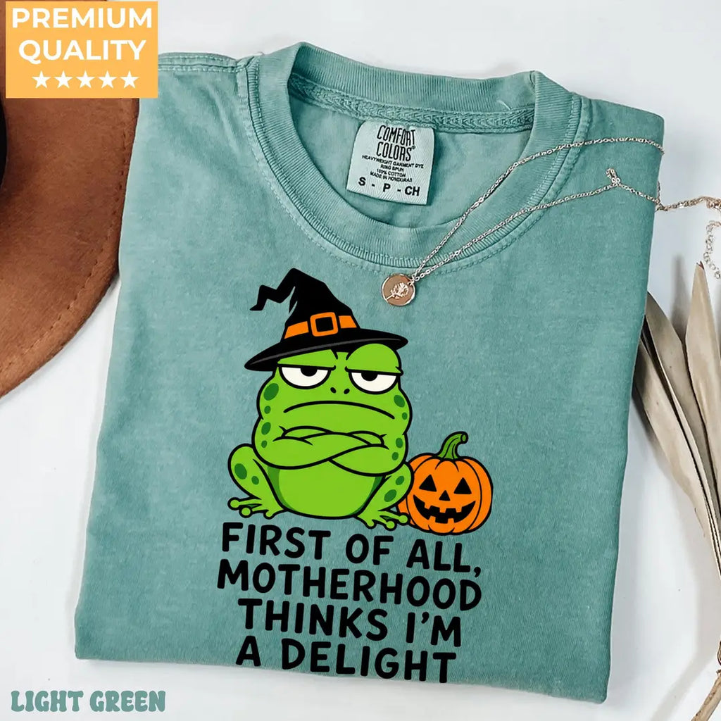 First of All Motherhood Thinks I'm a Delight - Frog Mom Comfort Colors T-Shirt alternate product view.