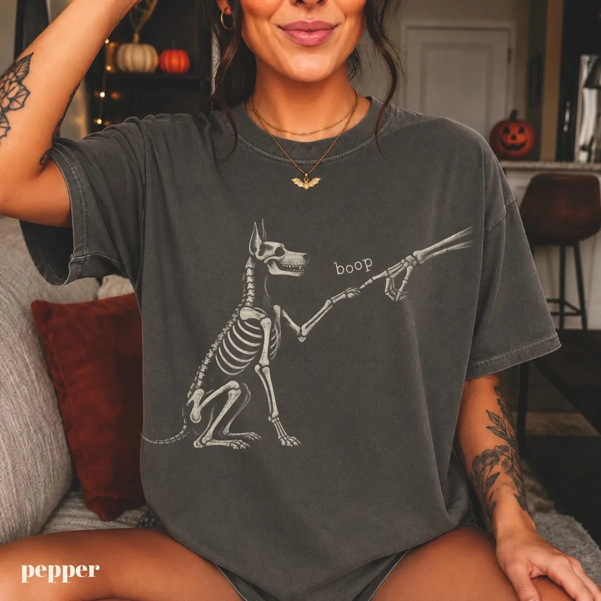 Pepper Comfort Colors 1717 T-shirt with Dog Skeleton design