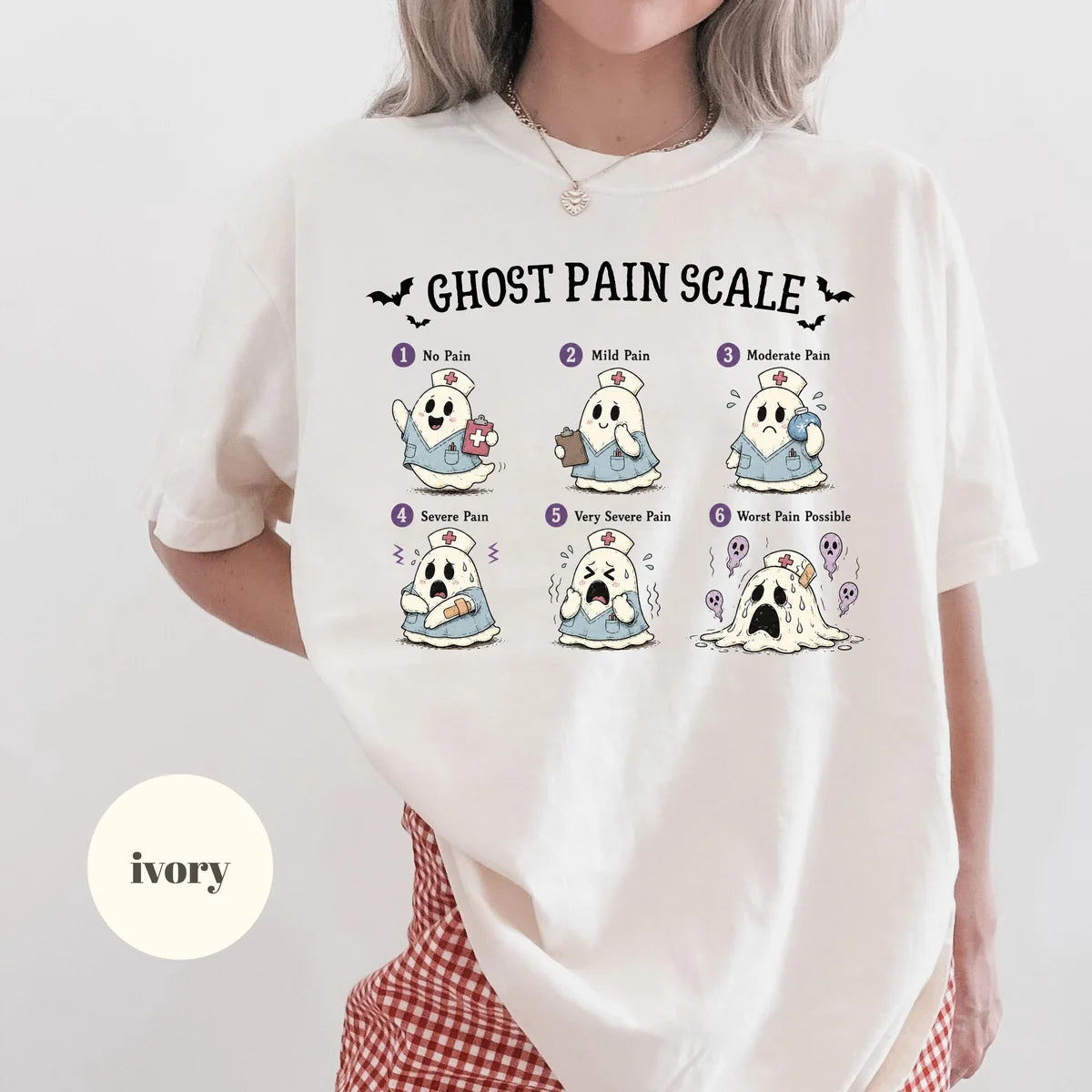 Ivory Comfort Colors 1717 T-shirt with Ghost Pain Scale Nurse design view 2
