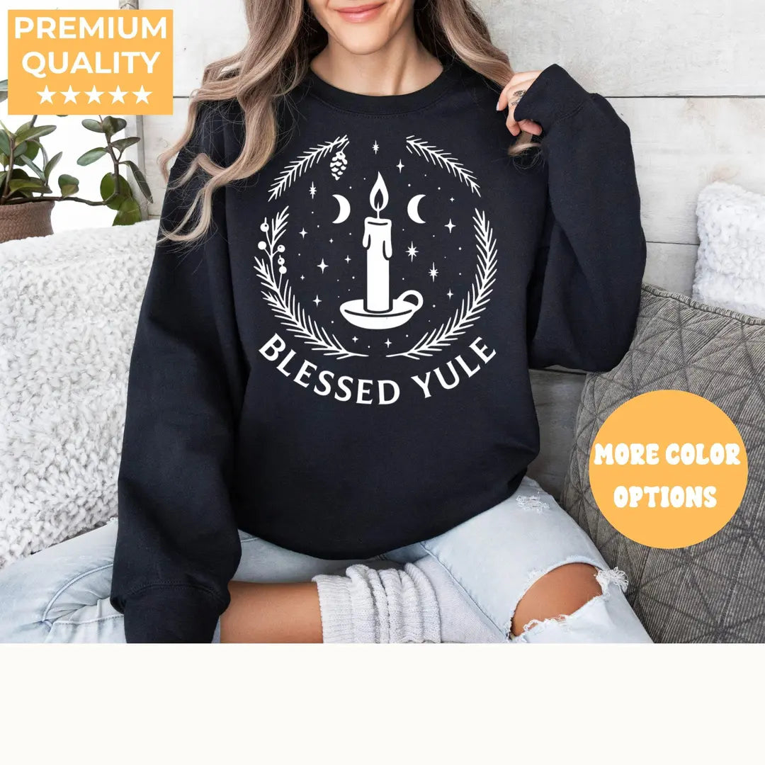 Crewneck sweatshirt with embroidered Blessed Yule Christmas design, alternate product view.