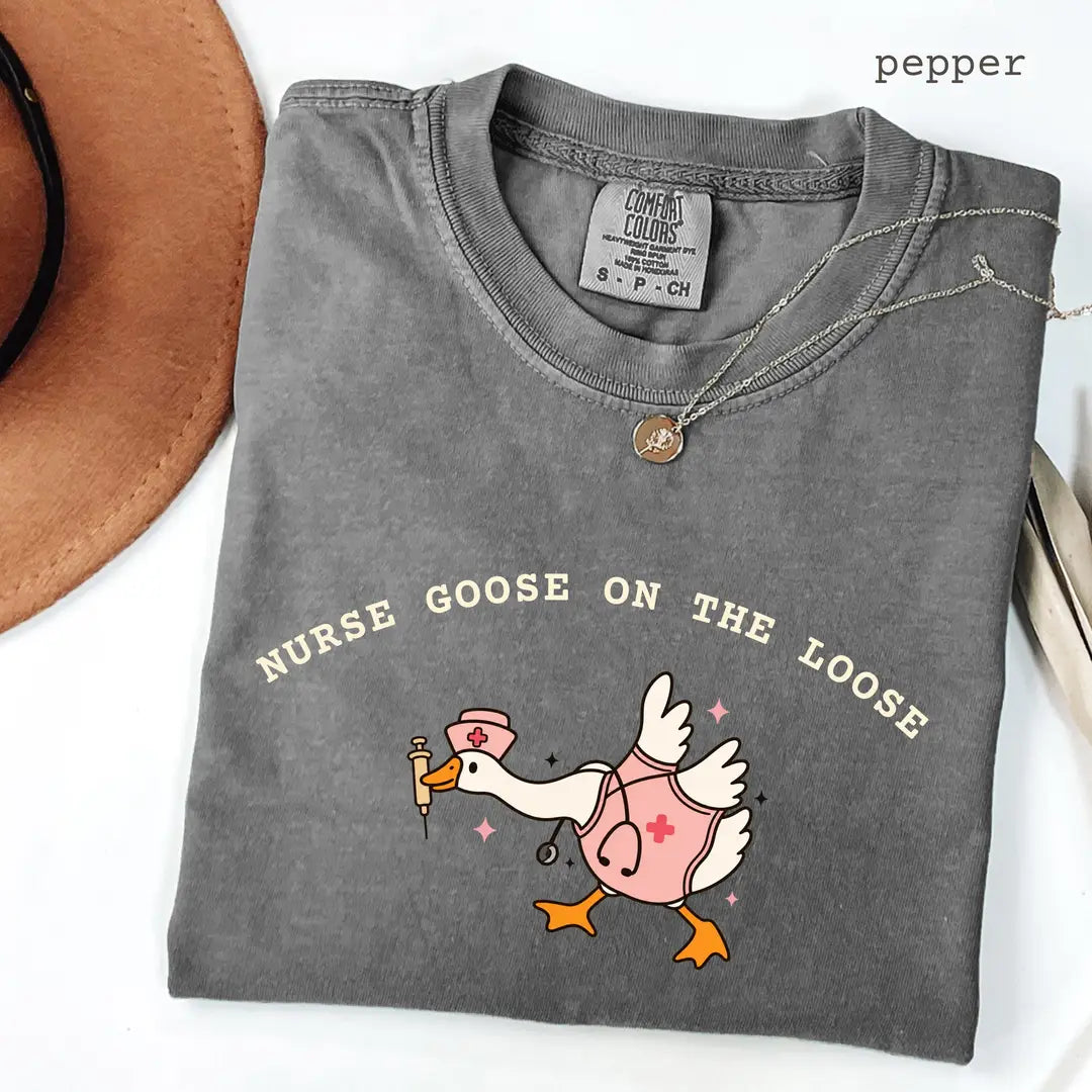 Pepper Comfort Colors 1717 T-shirt with Nurse Goose on the Loose design view 2