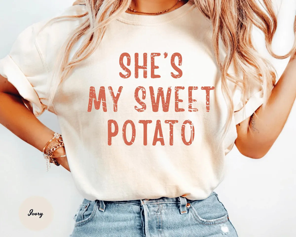 Ivory Comfort Colors 1717 T-shirt with She's My Sweet Potato I Yam design worn by a model