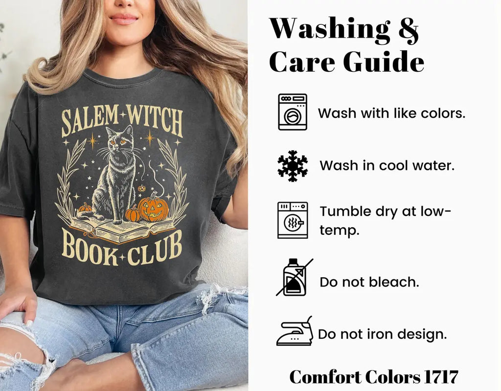 Salem Witch Book Club - Halloween Cat Comfort Colors T-Shirt alternate product view.