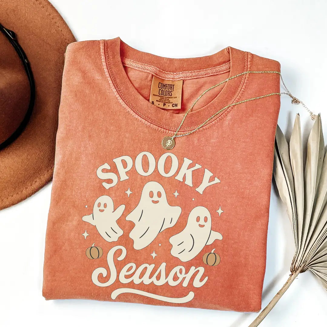 Spooky Season - Three Ghosts & Pumpkins Comfort Colors T-Shirt alternate product view in Yam.
