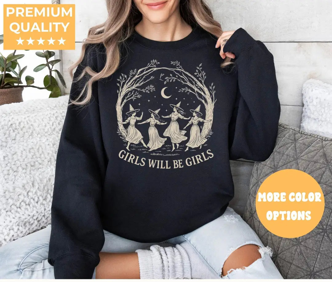Black Crewneck sweatshirt with printed Vintage Girls Will Be Girls Witch design, alternate product view.