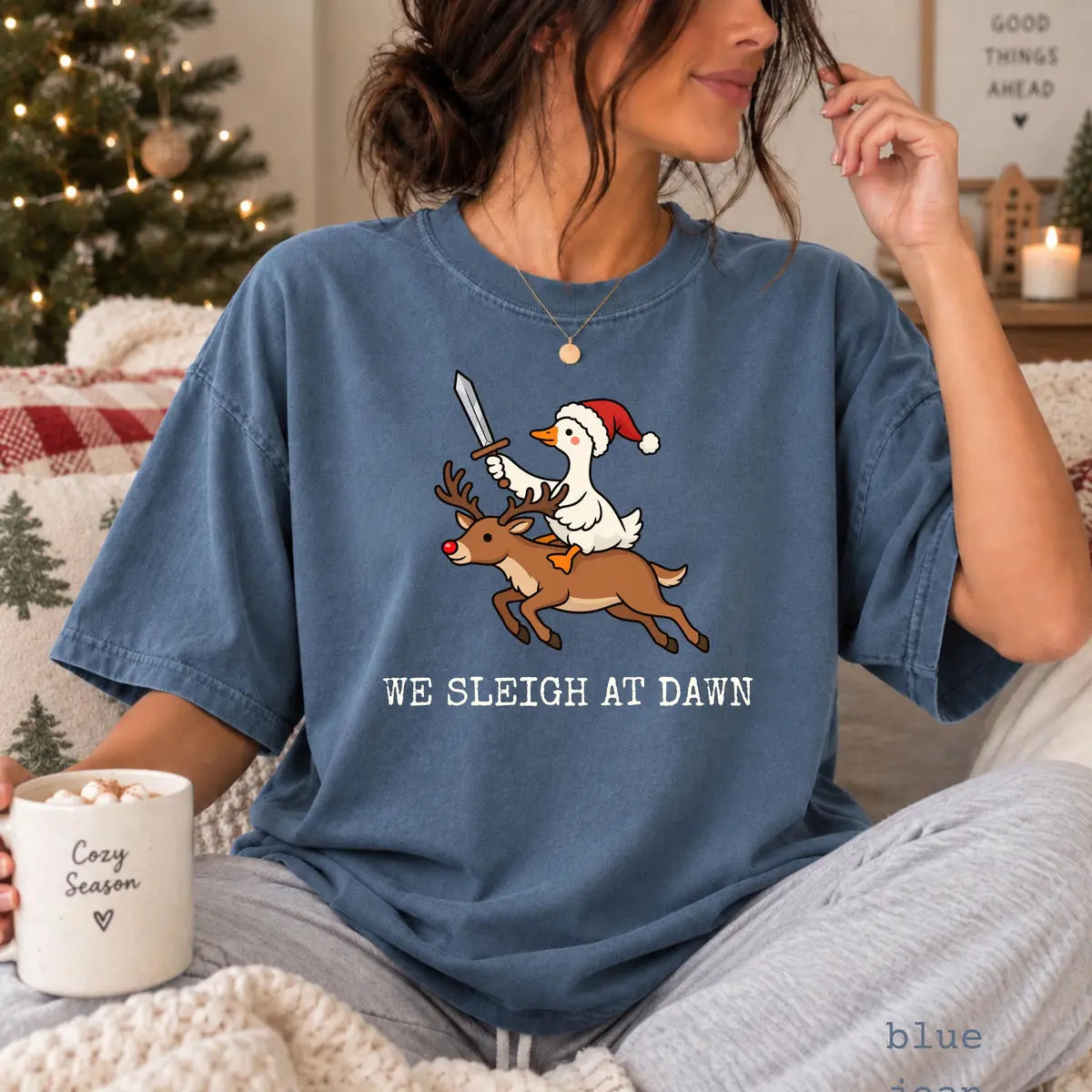 Comfort Colors 1717 T-shirt with We Sleigh at Dawn Goose design worn by a model view 4