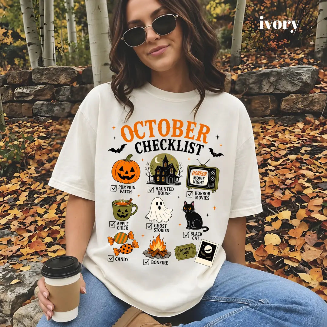 Ivory Comfort Colors 1717 T-shirt with October Checklist design
