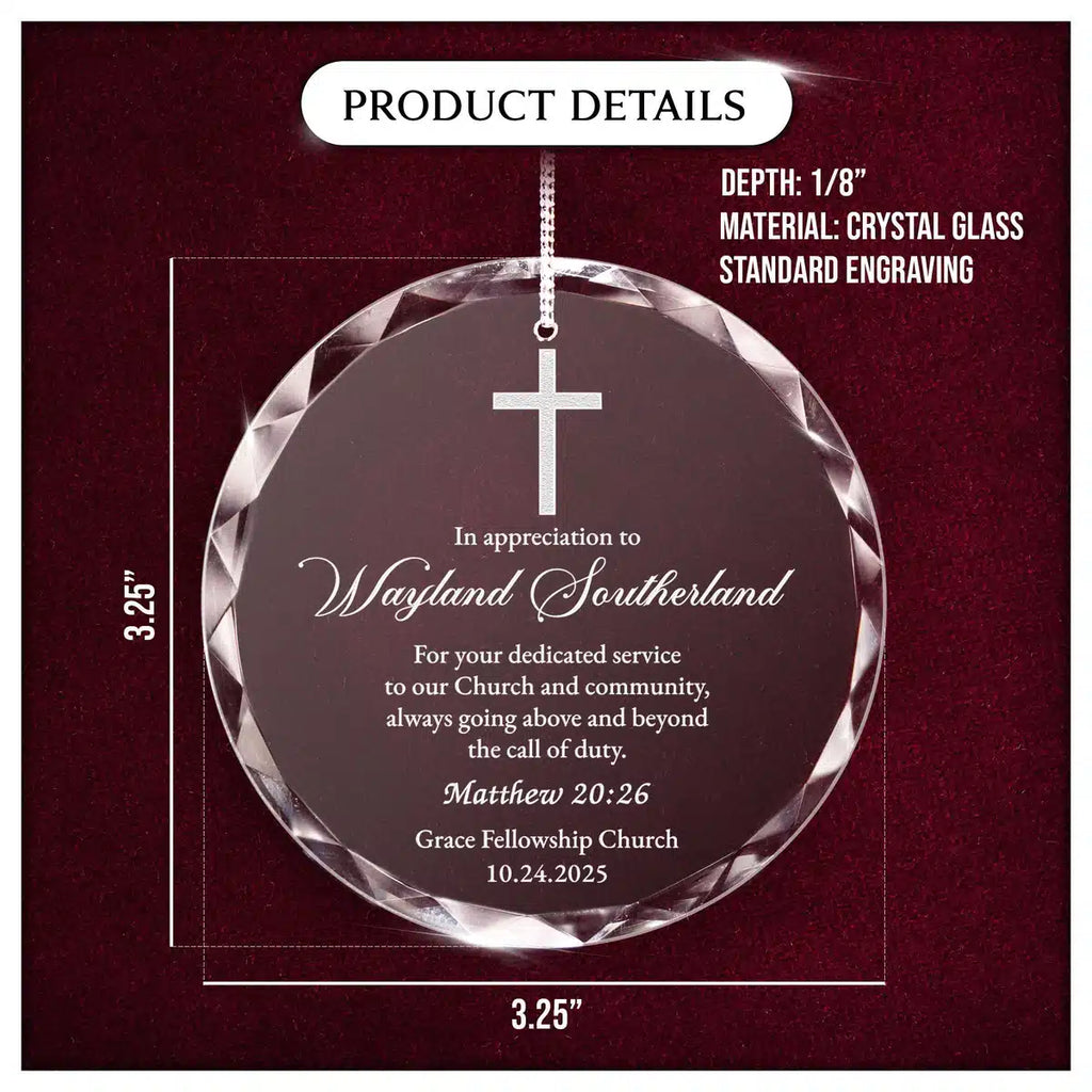 Product details card for a personalized engraved engraved crystal glass ornament, showing crystal glass construction, engraving, and a 3.25-inch size.
