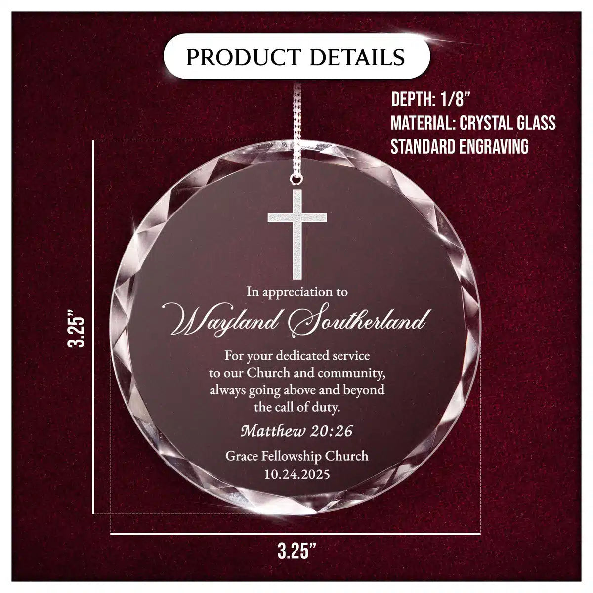 Product details card for a personalized engraved engraved crystal glass ornament, showing crystal glass construction, engraving, and a 3.25-inch size.