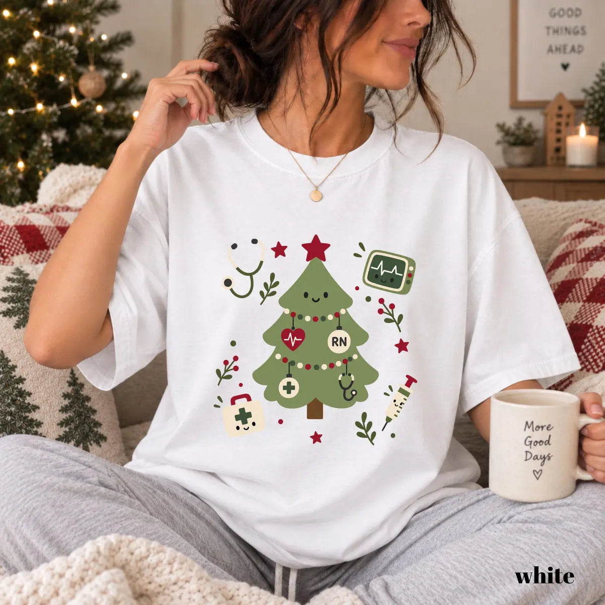 White Comfort Colors 1717 T-shirt with Christmas Tree Nurse design view 3