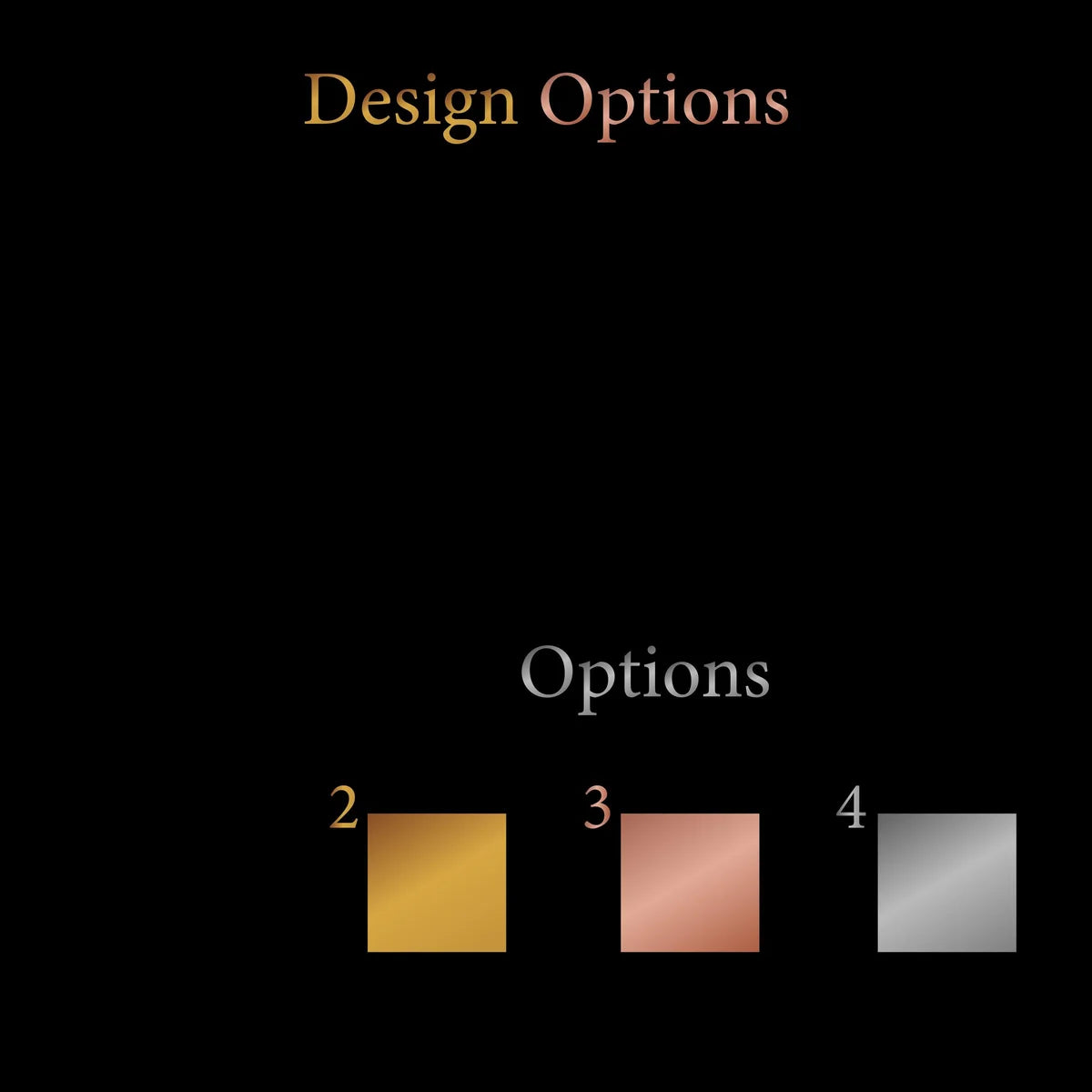 Design options card showing gold, rose gold, and silver finish swatches for the ring dish artwork