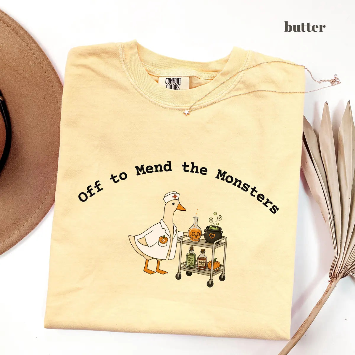 Butter Comfort Colors 1717 T-shirt with Off to Mend the Monsters design
