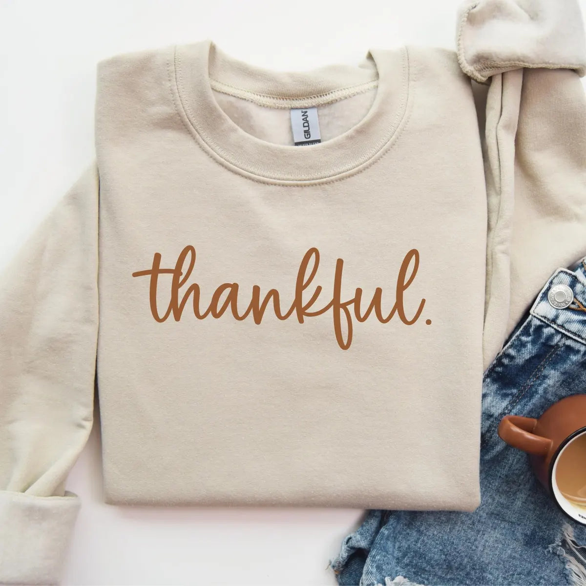 Sand Crewneck sweatshirt with printed Thankful design, alternate product view.