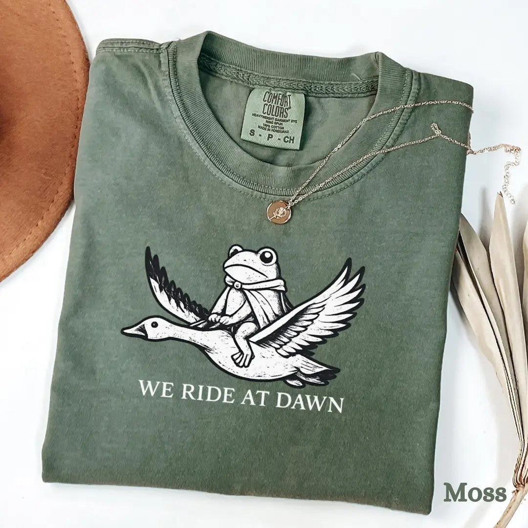 Moss Comfort Colors 1717 T-shirt with We Ride at Dawn design, alternate product view.