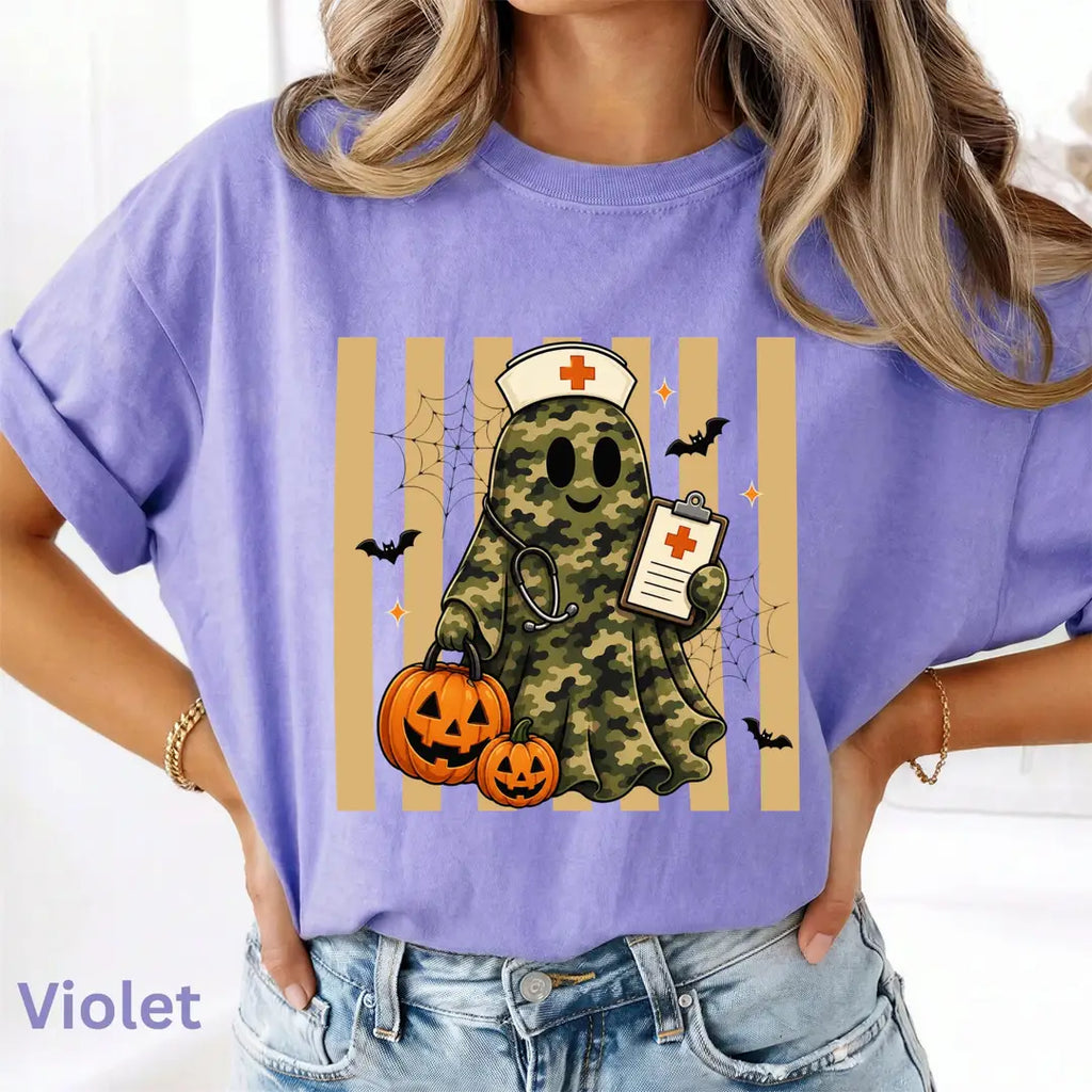 Camo Nurse Ghost Halloween Comfort Colors T-Shirt alternate product view in Violet.