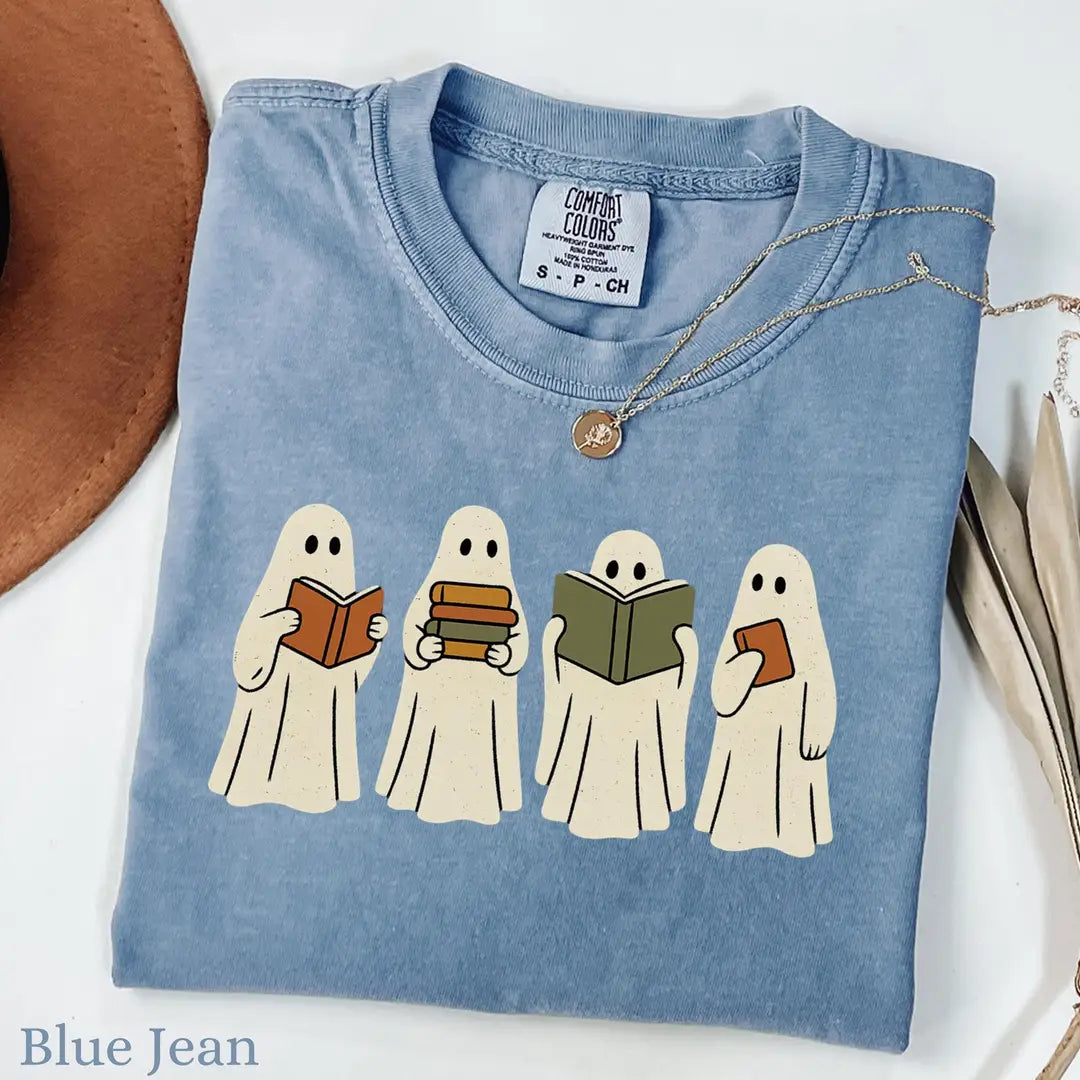 Four Ghosts Reading Books - Bookish Halloween Comfort Colors T-Shirt alternate product view.