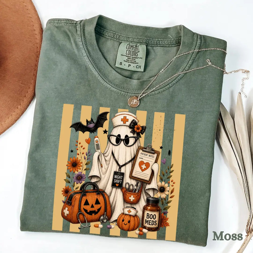 Night Shift Nurse Halloween Comfort Colors T-Shirt hero view in Moss.
