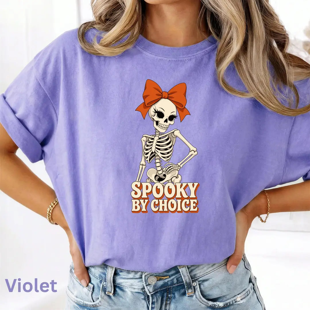 Spooky By Choice Skeleton Comfort Colors T-Shirt alternate product view in Violet.