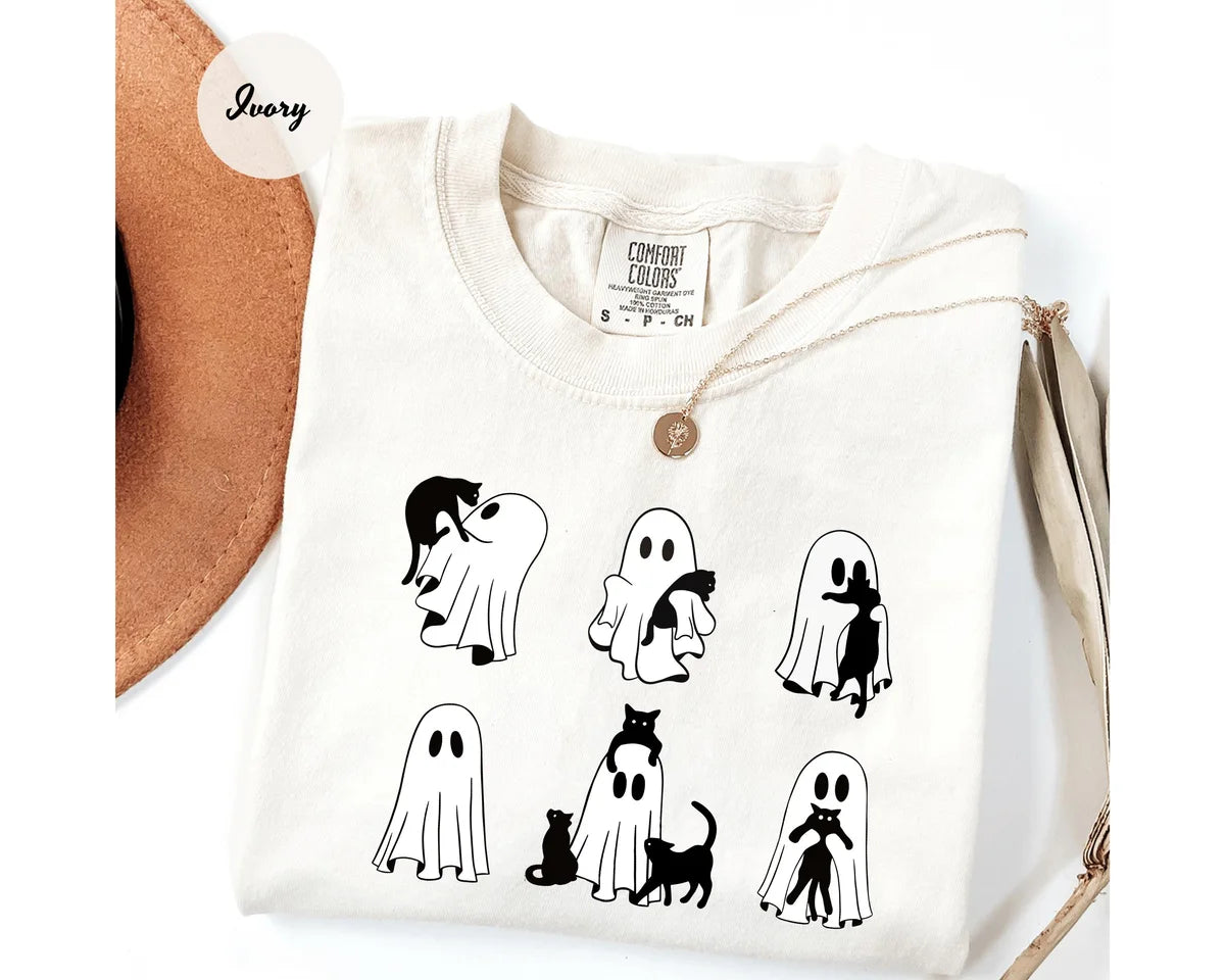 Ivory Comfort Colors 1717 T-shirt with Black Cat Ghost design