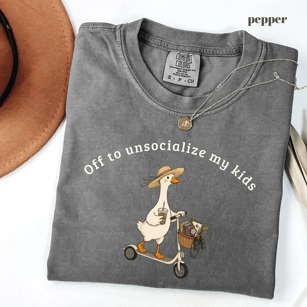 Pepper Comfort Colors 1717 T-shirt with Off To Unsocialize My Kids Goose design worn by a model