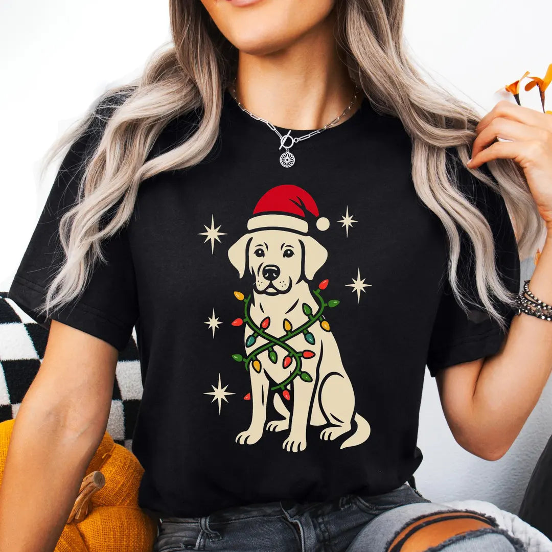 BLACK Crewneck sweatshirt with Dog Christmas design shown on a model.