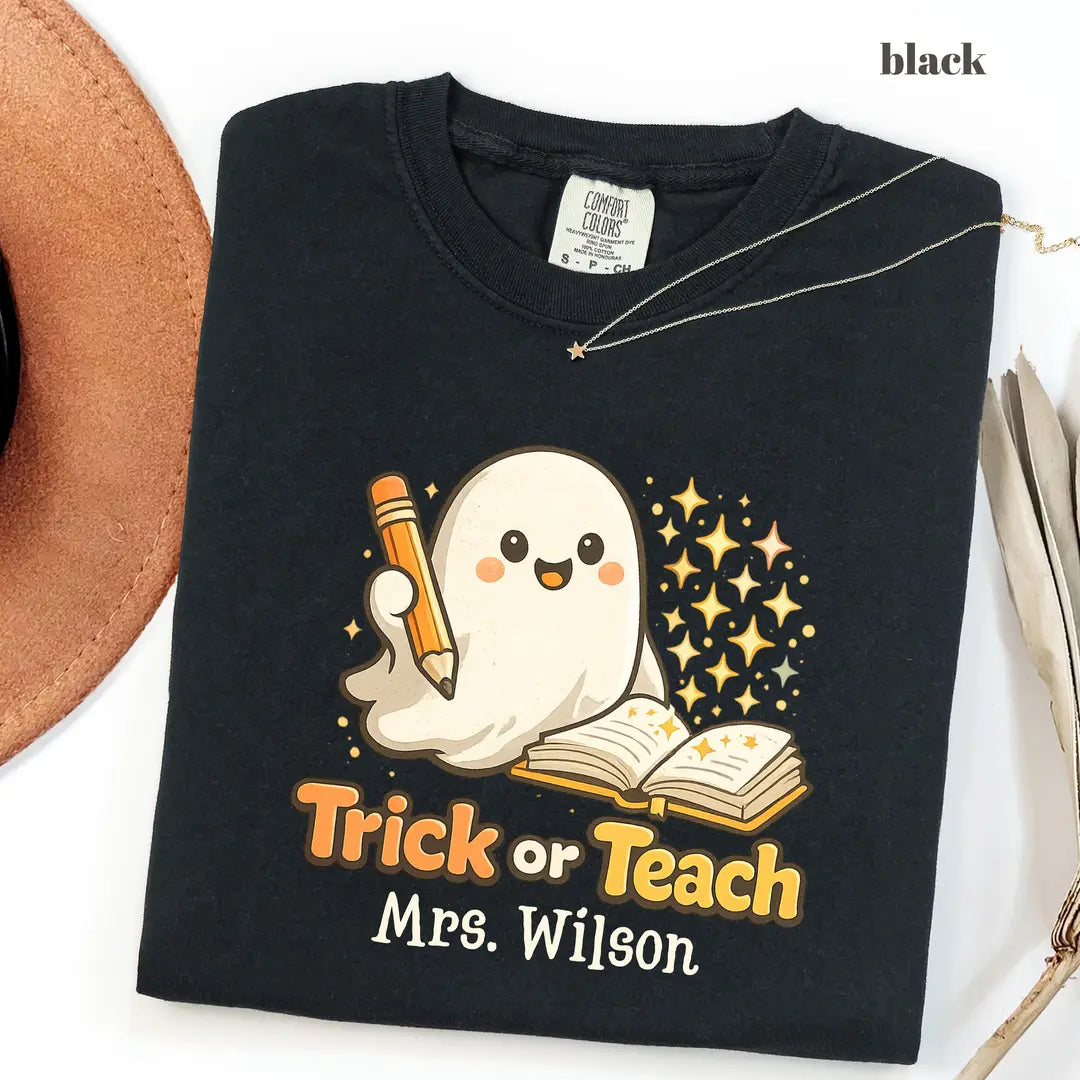 Black CF Comfort Colors 1717 T-shirt with Halloween Teacher design view 2