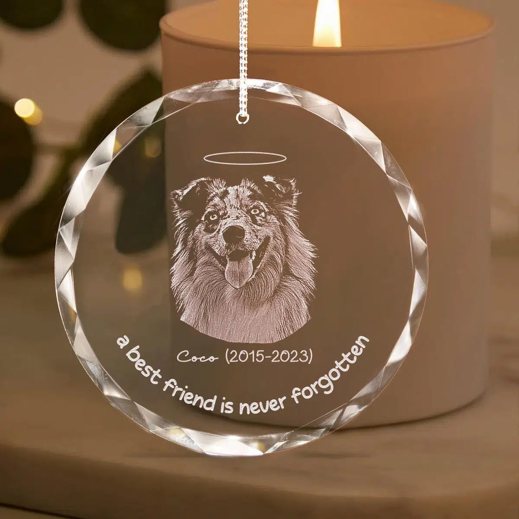 Personalized engraved crystal glass ornament featuring Pet Memorial.