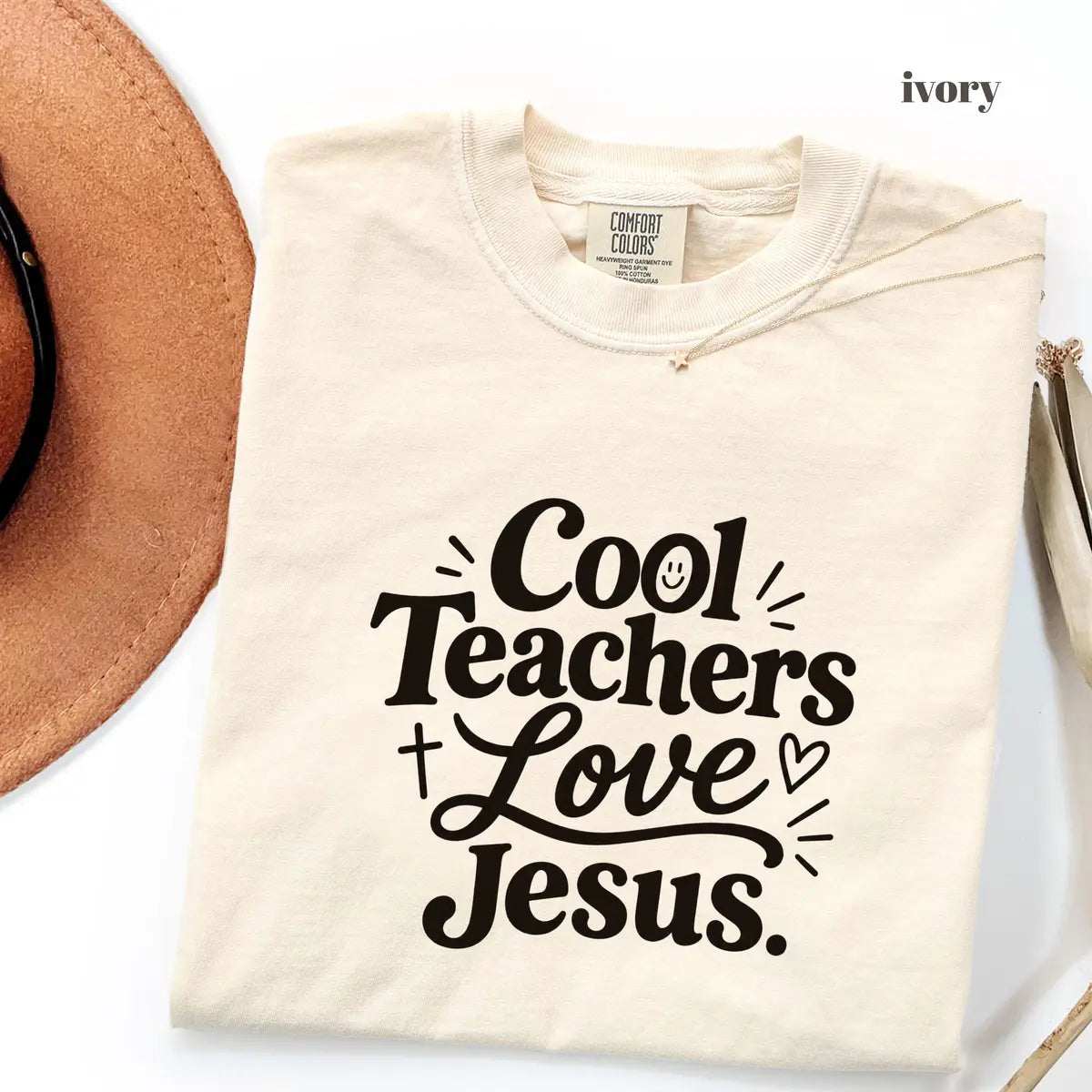 Ivory Comfort Colors 1717 T-shirt with Cool Teachers Love Jesus design