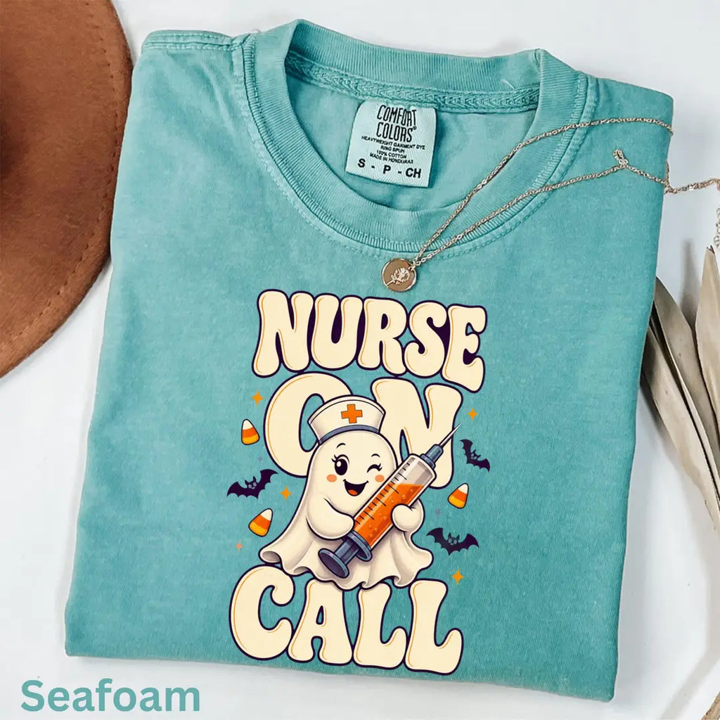 Nurse On Call Halloween Comfort Colors T-Shirt alternate product view in Seafoam.
