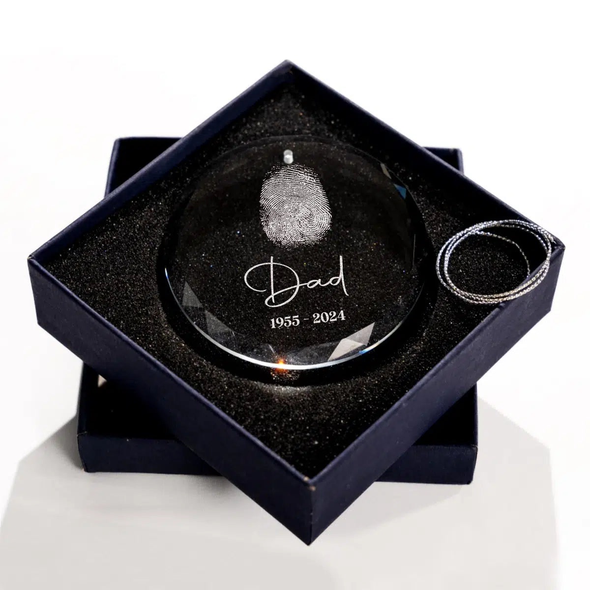 Additional view of a Fingerprint Memorial personalized engraved engraved crystal glass ornament.