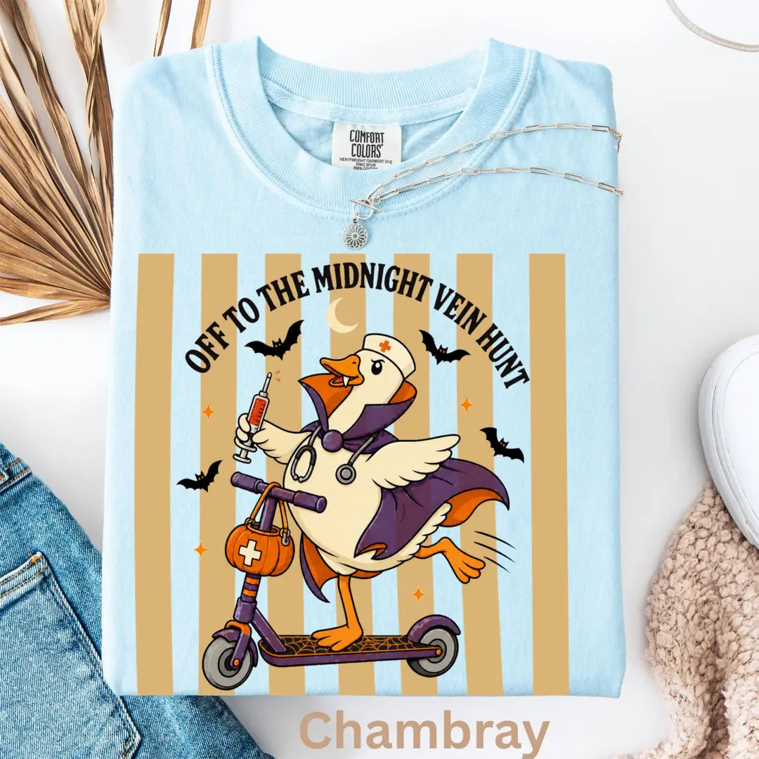 Off to the Midnight Vein Hunt - Nurse Goose Halloween Comfort Colors T-Shirt alternate product view in Chambray.