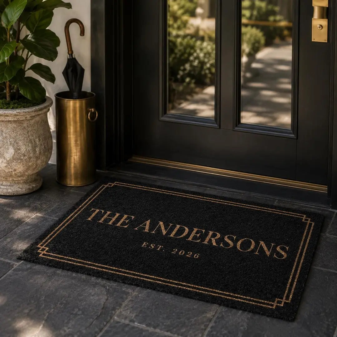 Rectangular black faux coir doormat with a double gold-tone border, family name, and established year at a black door