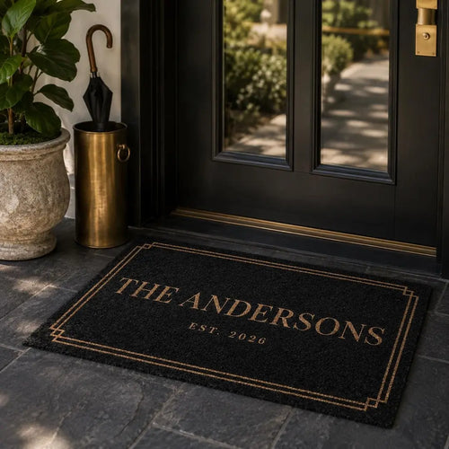 Rectangular black faux coir doormat with a double gold-tone border, family name, and established year at a black door