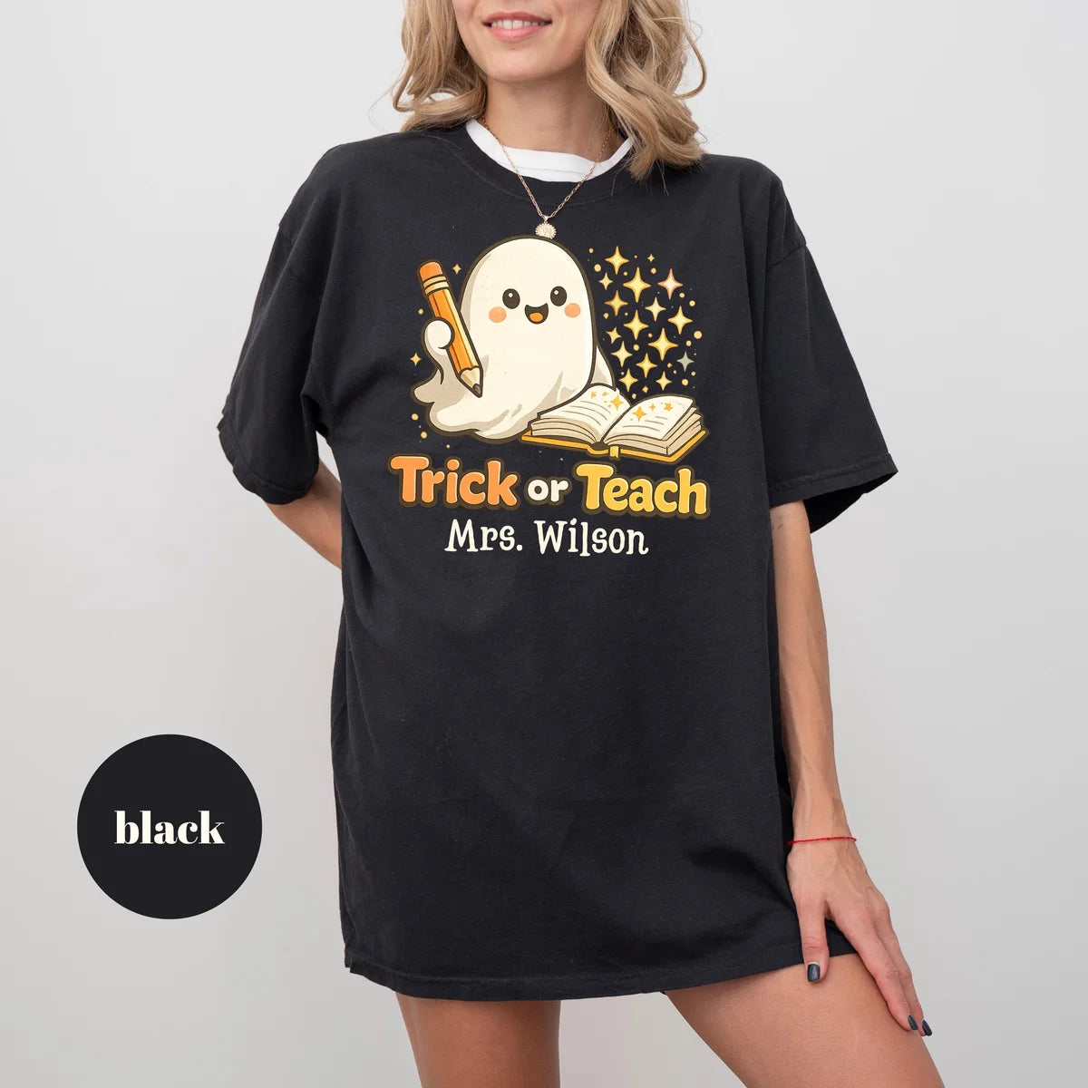 Black CF Comfort Colors 1717 T-shirt with Halloween Teacher design