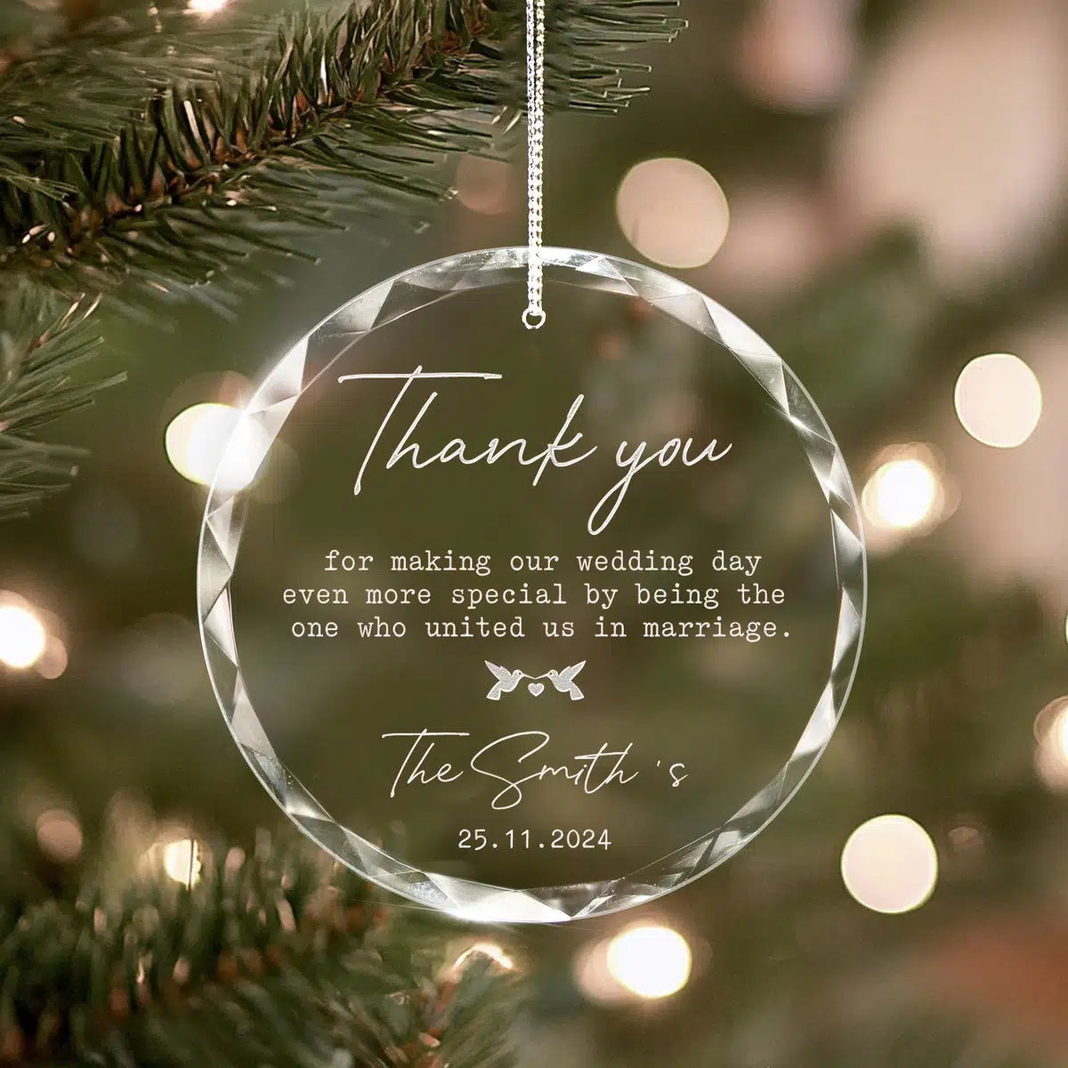 Additional view of a Wedding Officiant personalized engraved engraved crystal glass ornament.