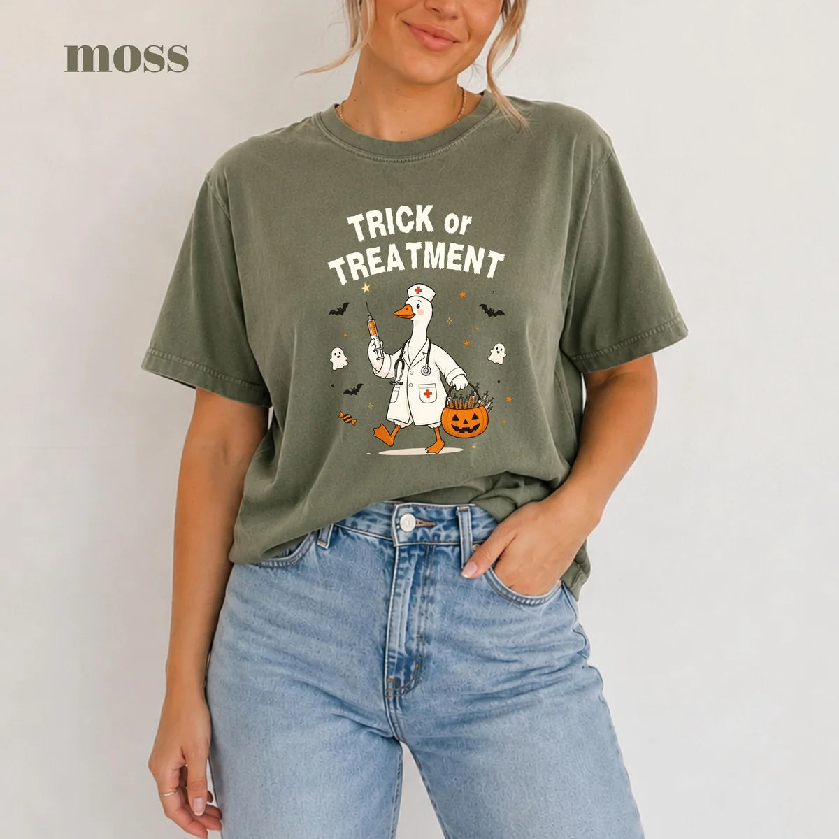 Moss Comfort Colors 1717 T-shirt with Trick or Treatment Nurse Goose design