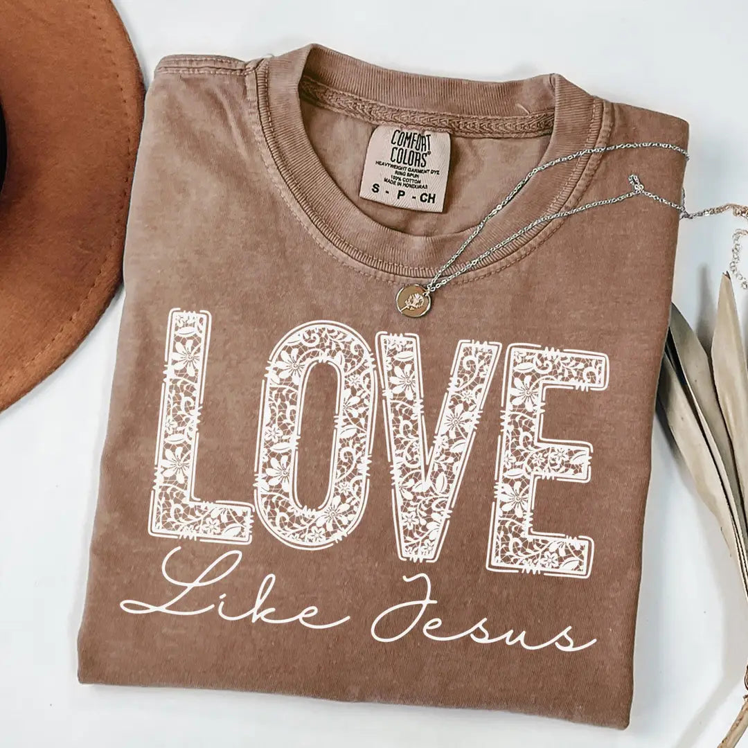 Espresso Comfort Colors 1717 T-shirt with Love Like Jesus design, alternate product view.