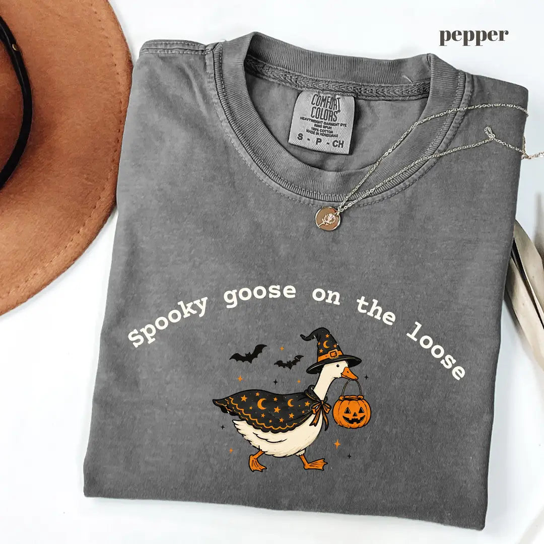 Pepper Comfort Colors 1717 T-shirt with Spooky Goose On The Loose design worn by a model